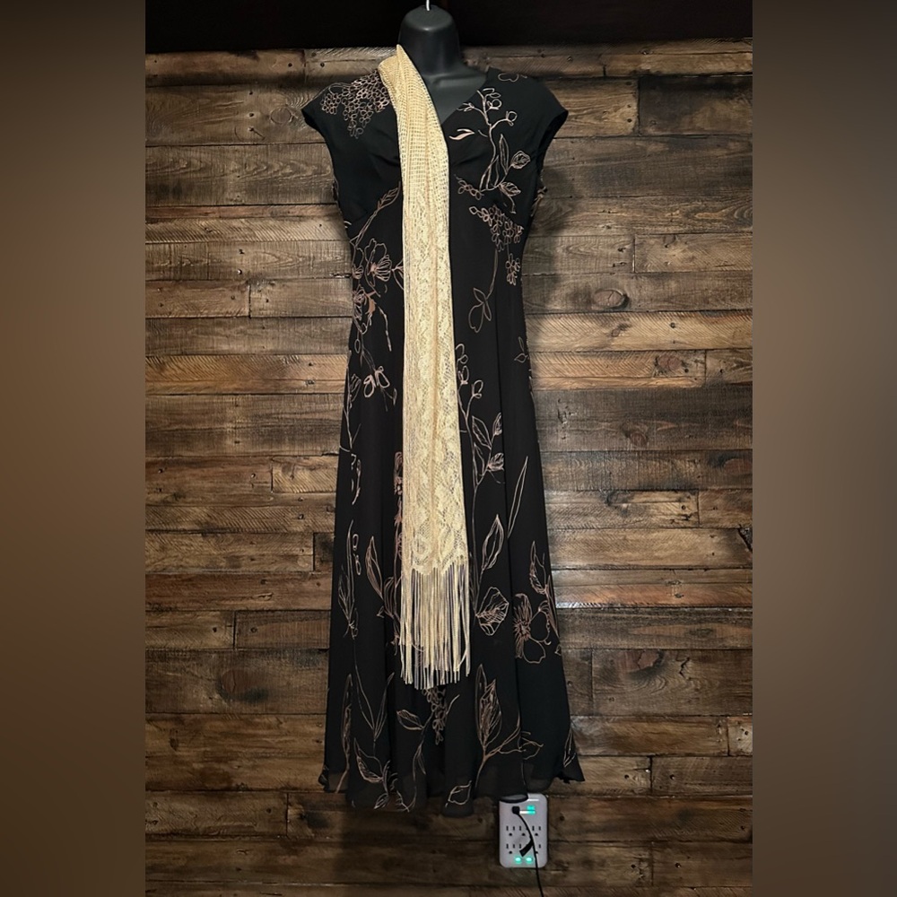 Jones Wear black and gold midi dress with a gold wrap